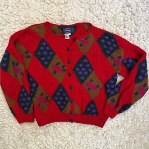 Vintage Allen Solly 80s English Wool Cardigan Sweater Red Floral Argyle Pattern
